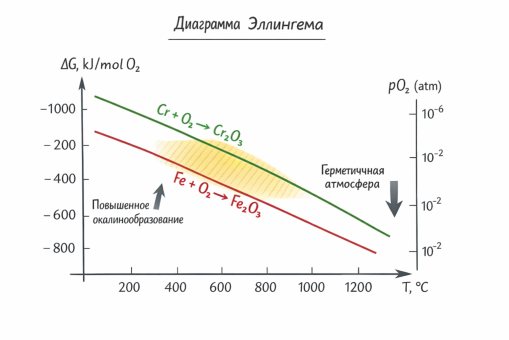 Диаграмма Эллингема для стали 12Х18Н10Т. Показана термодинамическая устойчивость оксидов Cr, Ti, Fe и Ni при разных температурах.